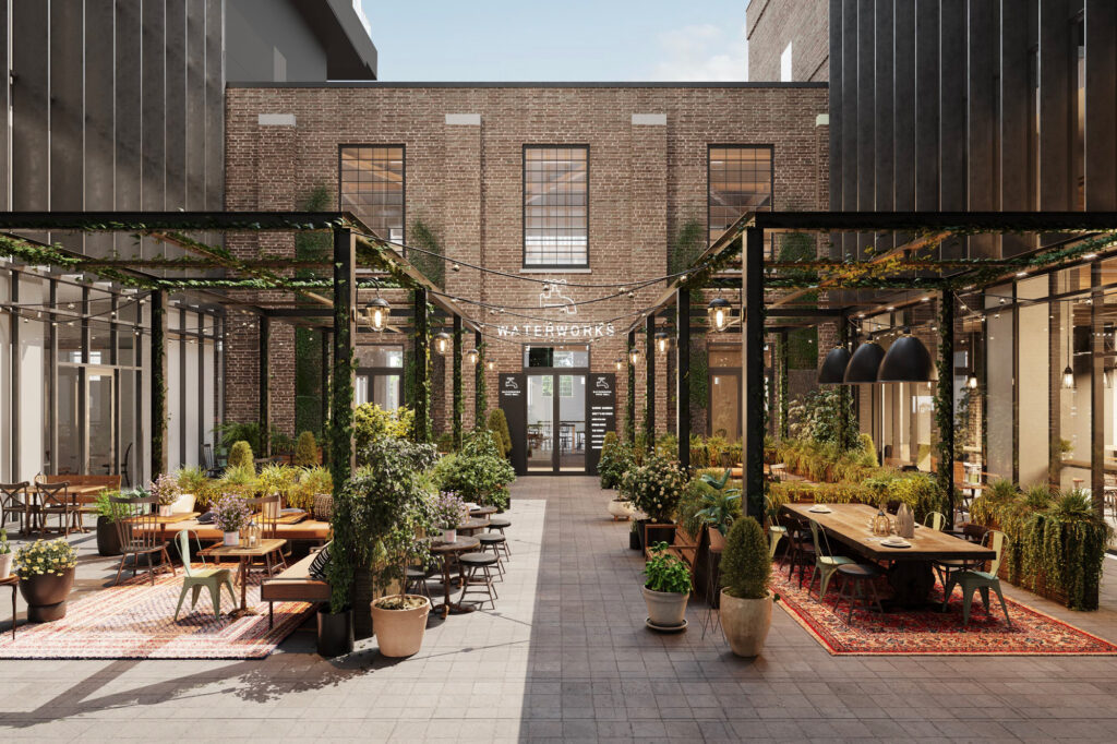 Exterior Rendering of the future Waterworks Food Hall