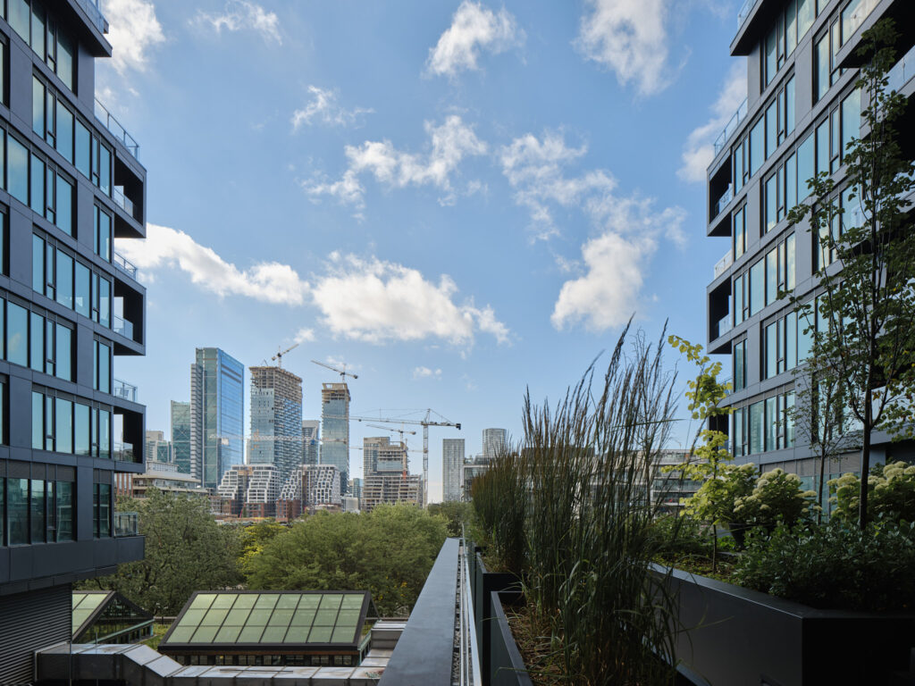 The view of Waterworks Residences rooftop garden with tall buildings in the background
